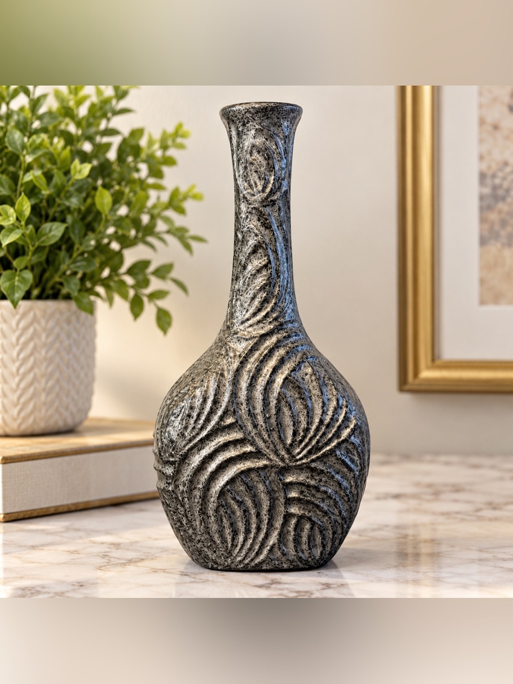 Vintage 1990s-2000s Gray Black Ceramic Vase 11” Textured Leaf Design
